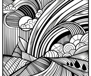arcoíris nubes y sol paisaje para colorear cubismo