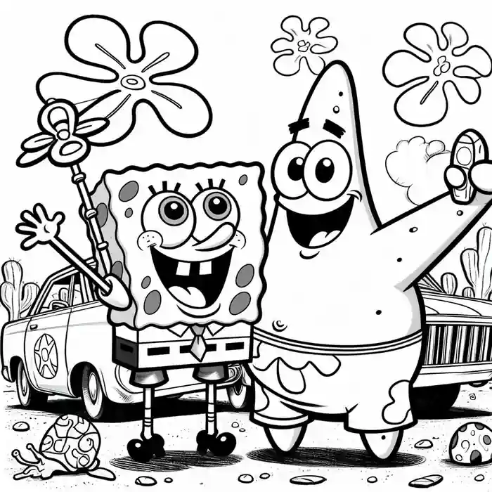Dibujo de Bob Esponja, Patricio y coches para colorear