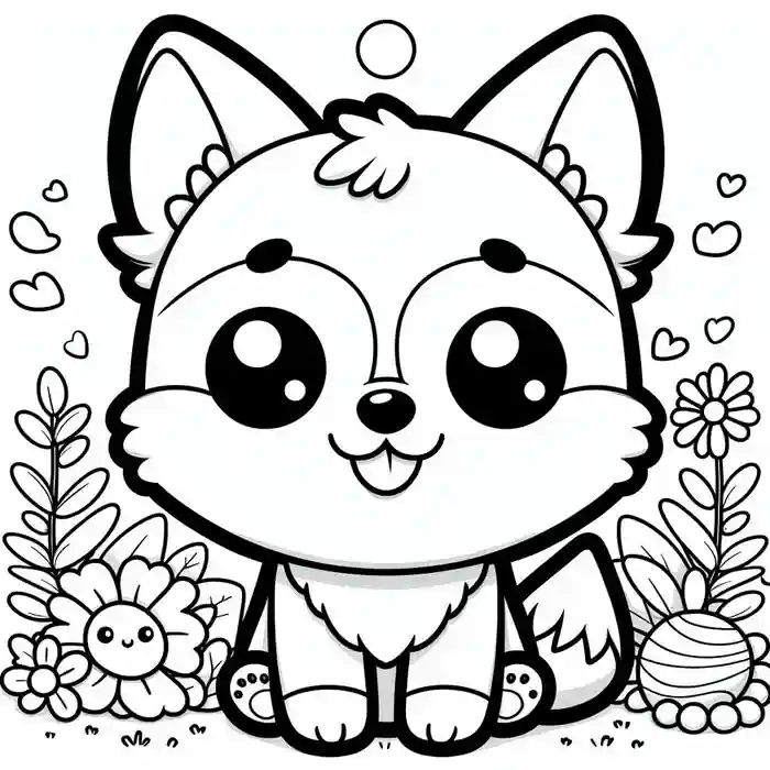 Dibujo de Perrito Kawaii con flores para colorear