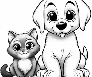 Dibujo de Perrito y Gatito felices para colorear