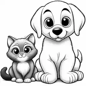 Dibujo de Perrito y Gatito felices para colorear