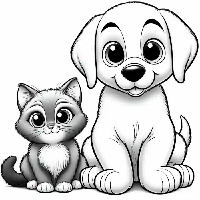 Dibujo de Perrito y Gatito posado para colorear