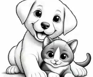 Imagen de Perrito y Gatito jugando para colorear