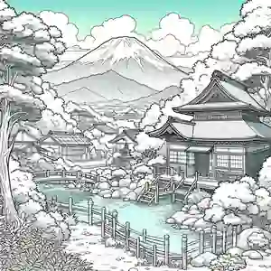dibujo de Paisaje montañas y rio japón colorear