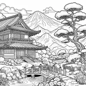 Casa con puente Japón para colorear