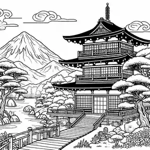 Dibujo de Paisaje Montañas y arboles de Japón para colorear
