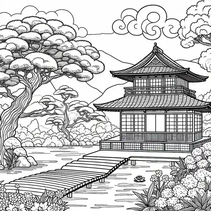 Paisaje jardín Japonés para colorear 