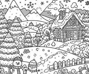 paisaje invierno con muñecos de nieve para colorear