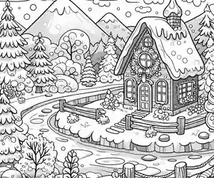 Paisaje con cabaña de para colorear