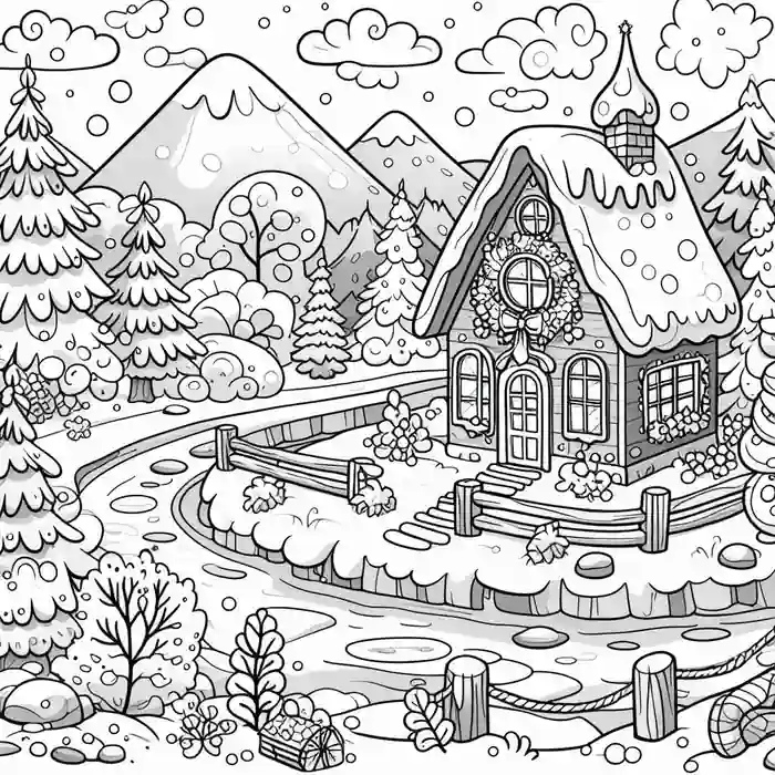 Paisaje de invierno con  cabaña de para colorear