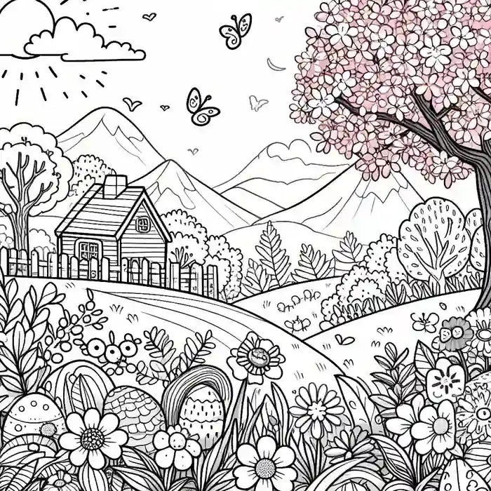 Dibujo Paisaje en primavera con flores para colorear