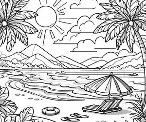 Dibujo de Paisaje playa con sombrilla para colorear