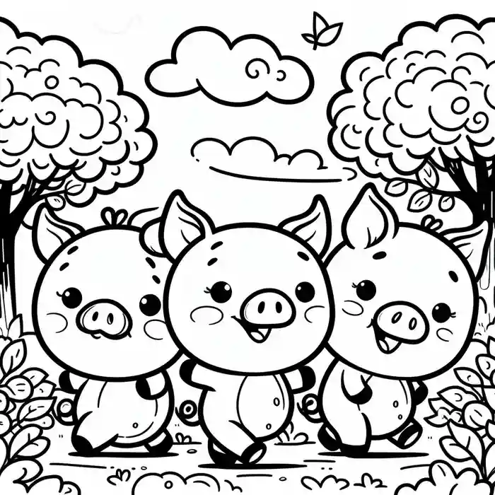 Dibujos de los tres cerditos en el bosque para colorear