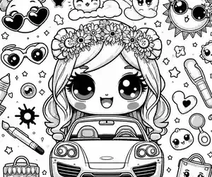 imagen de Niña en Coche con emoticonos para colorear