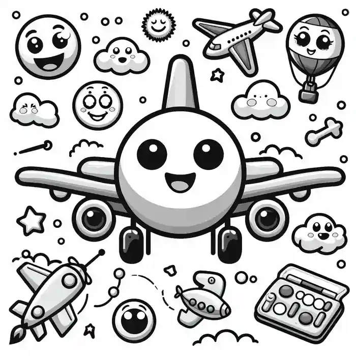 Dibujo de avión y emoticonos niños para colorear