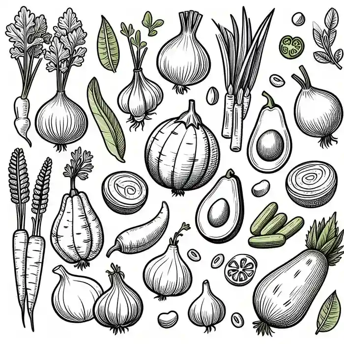 Imagen para pintar de aguacates, puerros, ajos, etc