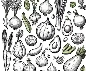 Dibujo para colorear de aguacates, puerros, ajos, etc