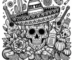 Dibujo Calavera con sombrero mexicano