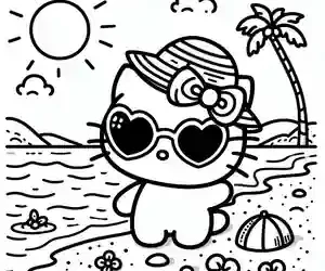 Imagen de gato kawaii en la playa para pintar