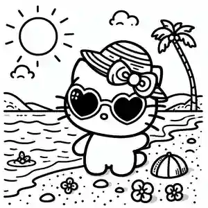 Imagen de gato kawaii en la playa para pintar