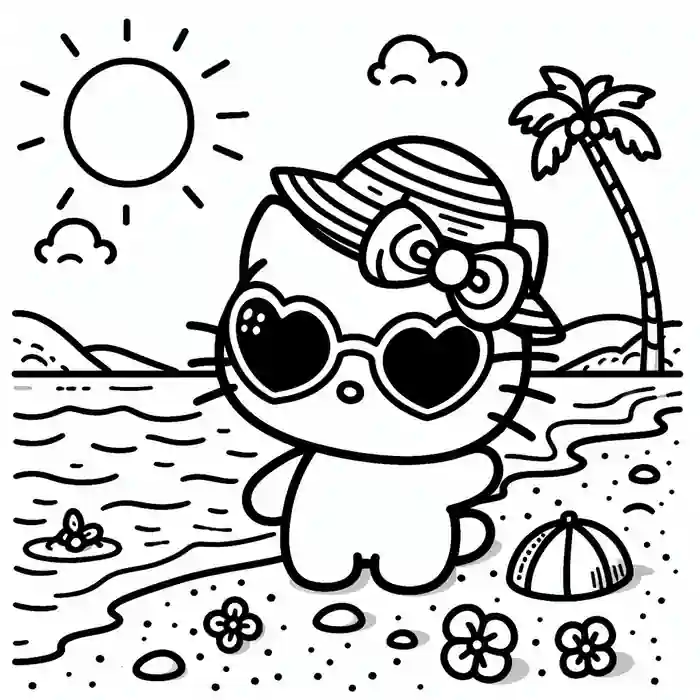 Dibujo de gato kawaii en la playa para colorear