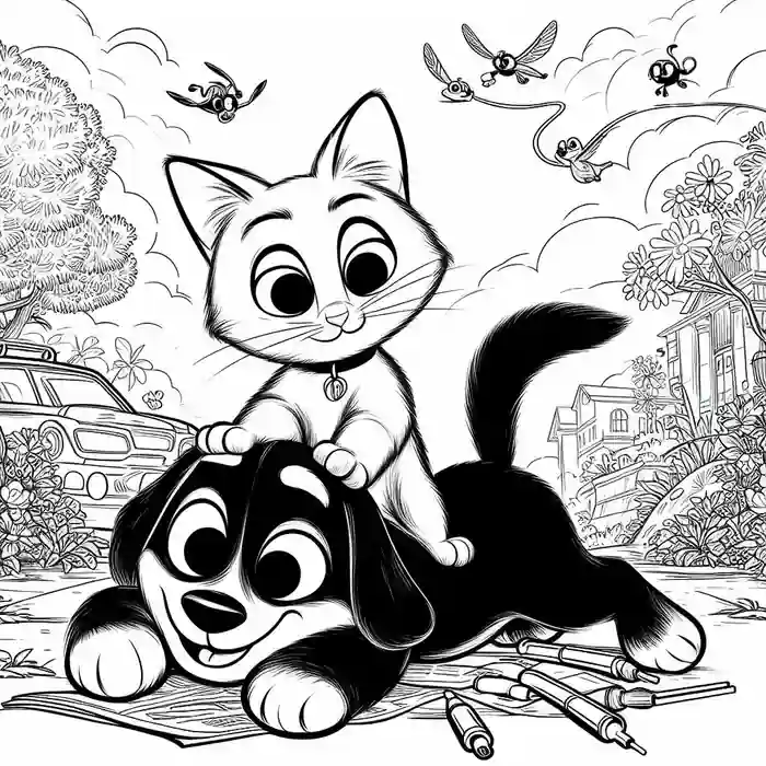Dibujo de gatito y perrito jugando para colorear