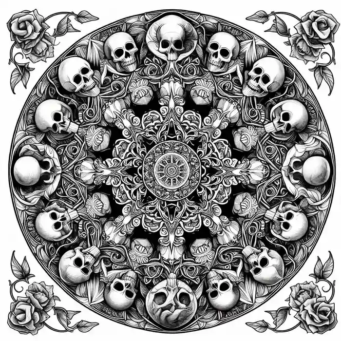 Dibujo de mandala con calaveras para colorear
