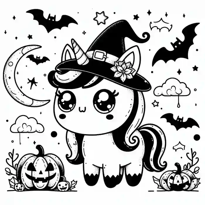 Dibujo Unicornio Halloween kawaii para colorear