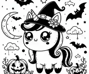 Imagen de Unicornio Halloween kawaii para pintar