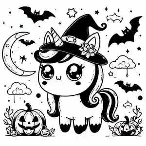 Imagen de Unicornio Halloween kawaii para pintar