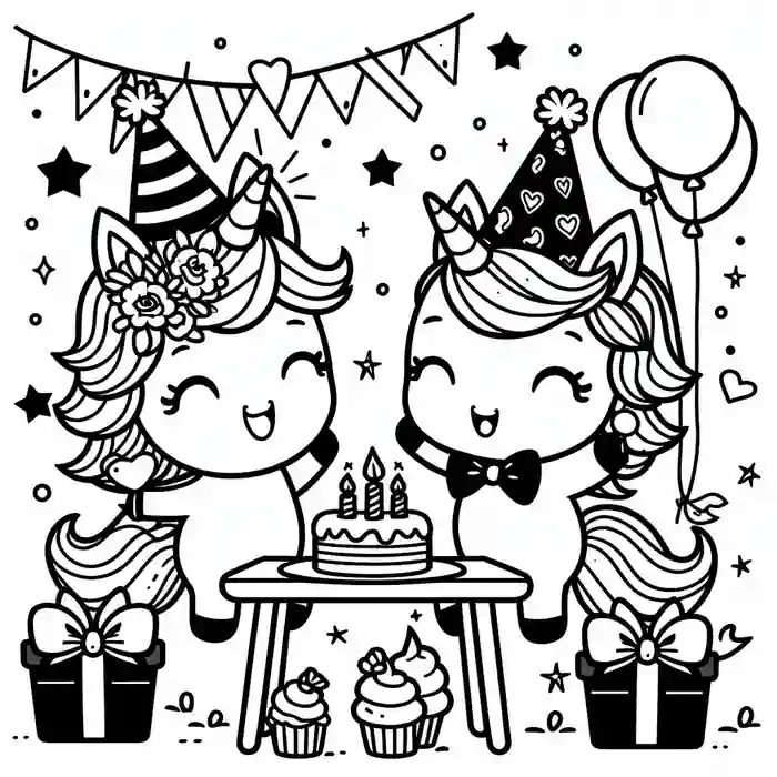 Dibujo de Cumpleaños de Unicornios para colorear