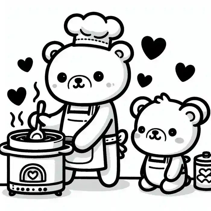 Dibujo mama oso y osito cocinando para colorear