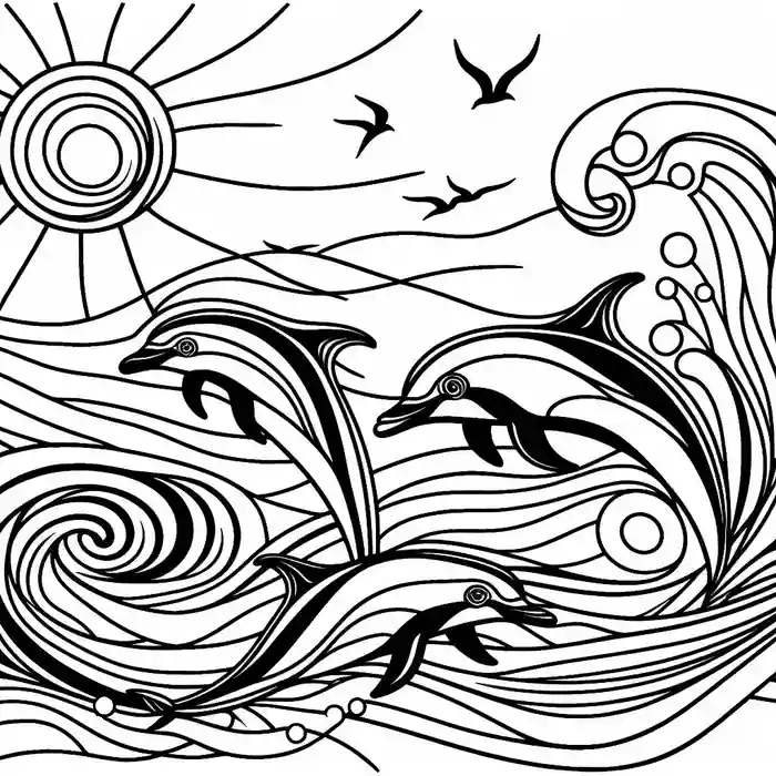 Dibujo de Delfines con olas abstracto para colorear