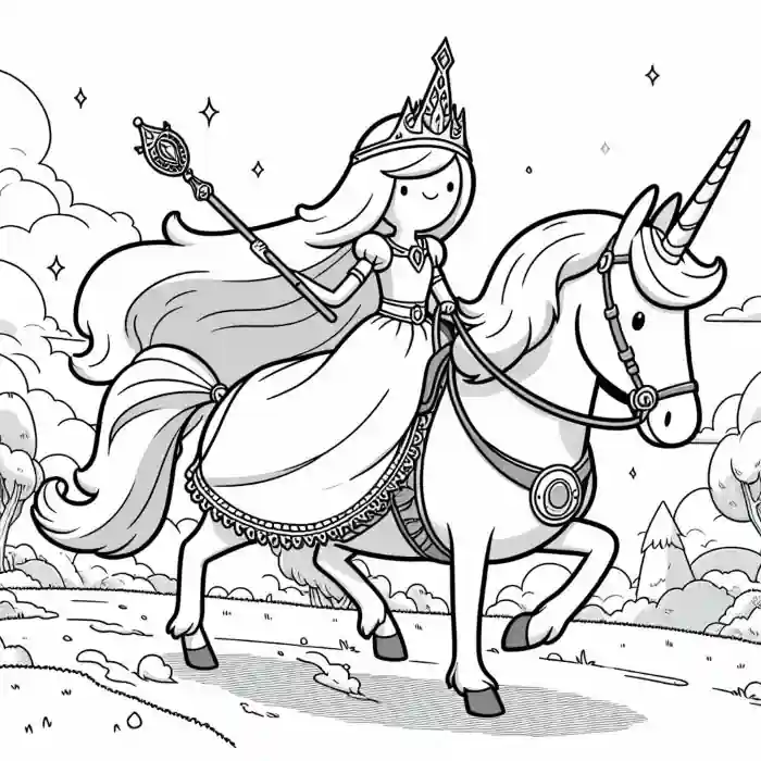 Dibujo de princesa montada en unicornio para colorear