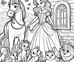 Imagen de princesa y animalitos para pintar