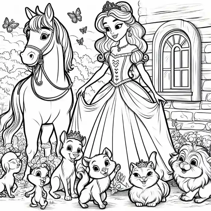 Dibujo de princesa y animalitos para colorear