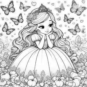 Imagen de princesa con mariposas y flores para pintar