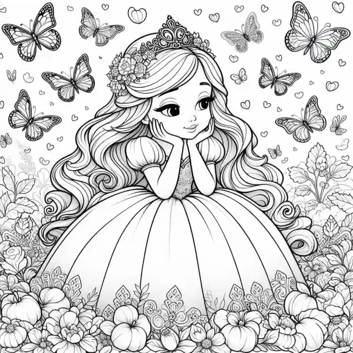 Dibujo de princesa con mariposas y flores para colorear