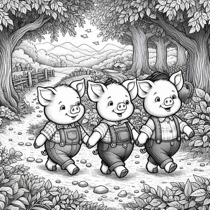 Dibujo de los tres cerditos en el camino para colorear