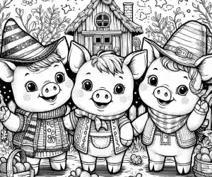Dibujo de los tres cerdito saludando para colorear