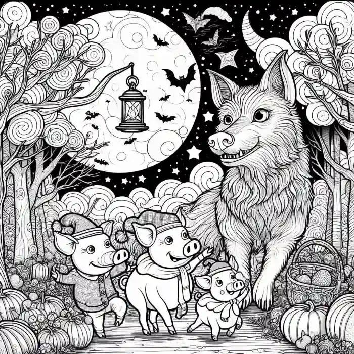 Dibujo cerditos con lobo feroz en la noche para colorear