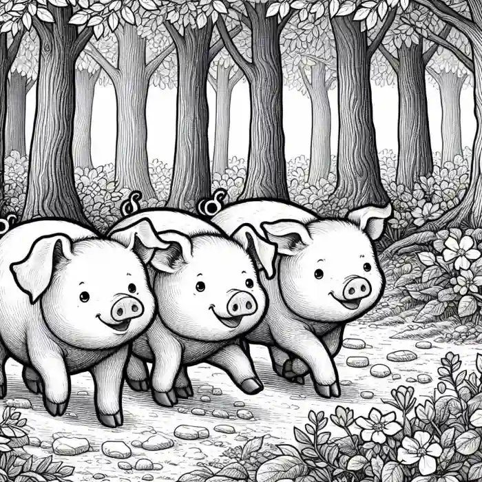 Dibujo de tres cerdos en el bosque para colorear