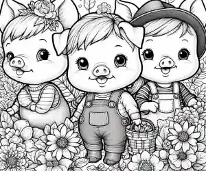 Dibujo de los tres cerditos y flores para colorear