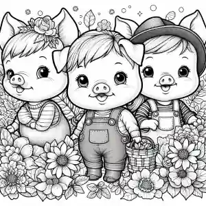 Dibujo de los tres cerditos y flores para colorear