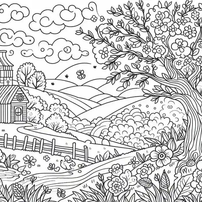 Dibujo paisaje primaveral para colorear