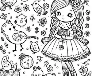 Dibujo niña y pajaritos para colorear