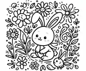 Imagen de conejito con flores para pintar