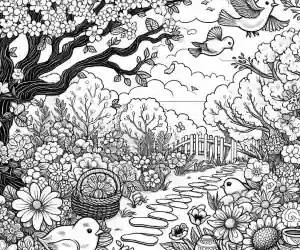Dibujo camino paisaje de primavera para colorear