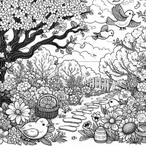 Dibujo camino paisaje de primavera para colorear
