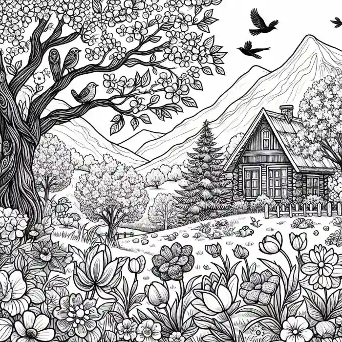 Imagen de casa en primavera  para pintar